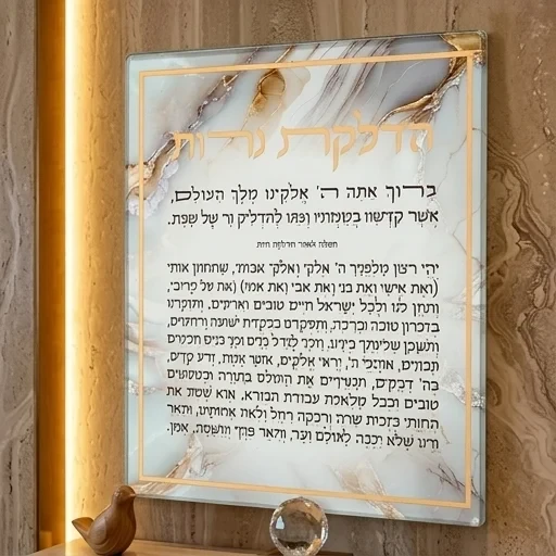 תלייה מזכוכית "הדלקת נרות" עם הברכה והתפילה על רקע שיש | 20X16 ס"מ