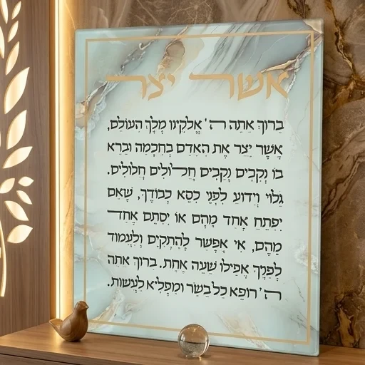 תלייה מזכוכית "אשר יצר" נוסח אשכנזי על רקע שיש | 28X23 ס"מ