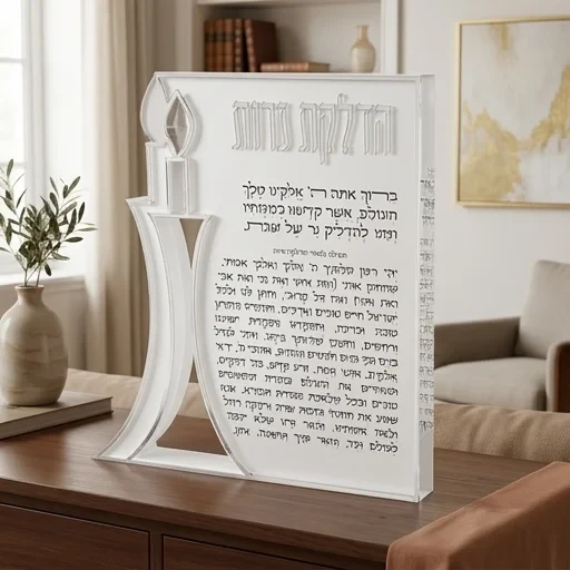 בלוק אקריליק "הדלקת נרות" עם נר מובלט כסף | 23X20 ס"מ