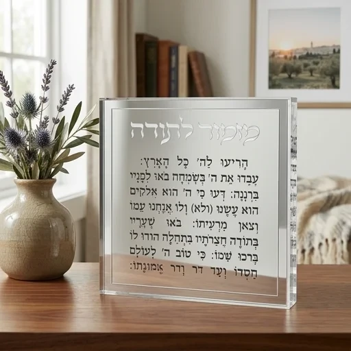 בלוק אקריליק "מזמור לתודה" עם מסגרת כסף | פריט עומד