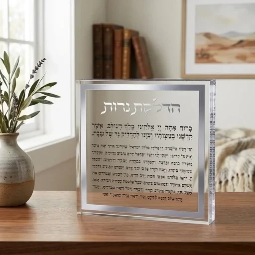 בלוק אקריליק "הדלקת נרות" עם מסגרת כסף | פריט עומד
