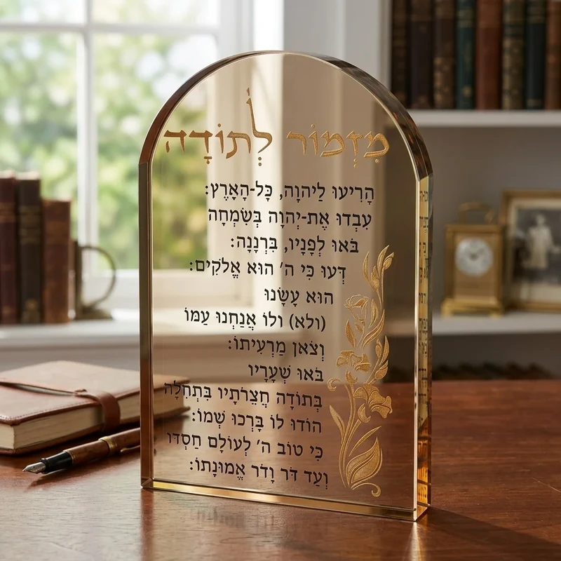 מעמד קריסטל מקומר "מזמור לתודה" בכיתוב זהב | גובה 21 ס"מ