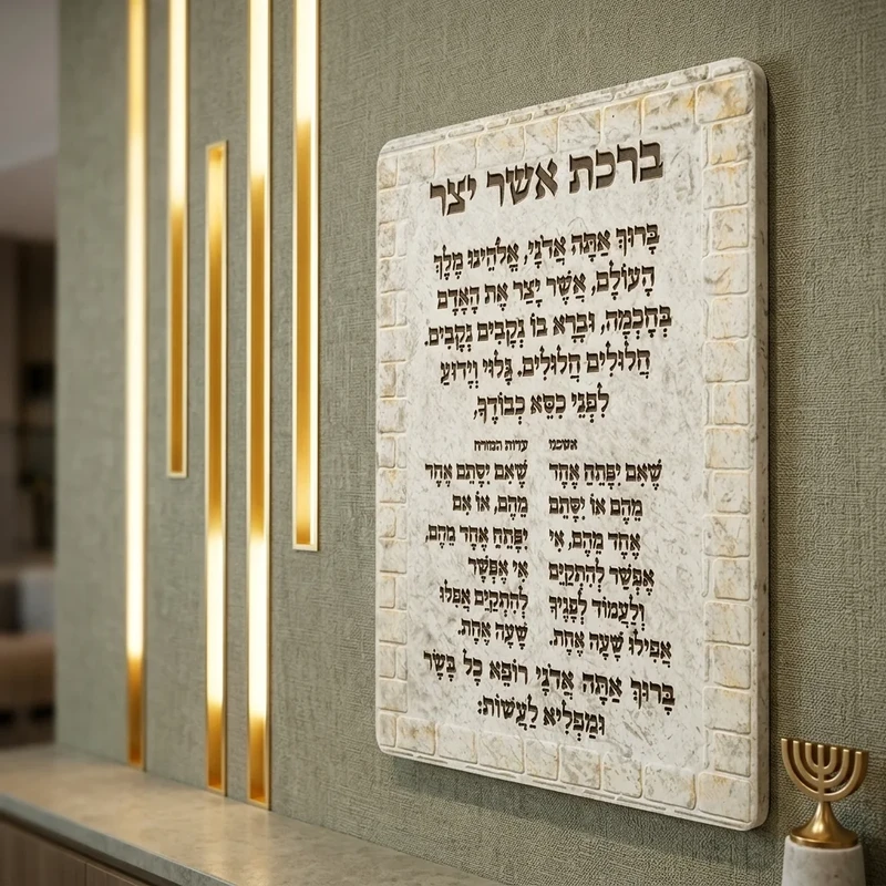 תלייה מפולימר "ברכת אשר יצר" בשני נוסחים על רקע אבני ירושלים
