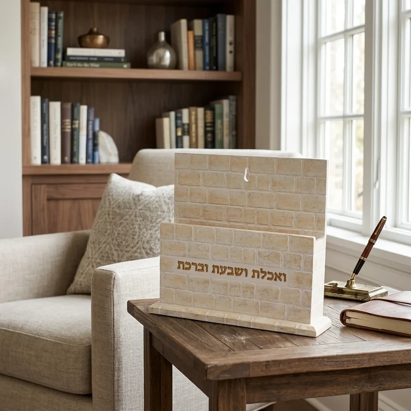 מעמד לברכונים מפולימר בעיצוב אבני הכותל "ואכלת ושבעת וברכת" | 20 ס"מ