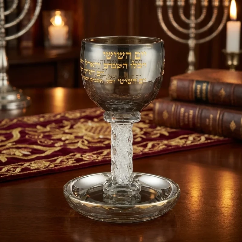 גביע קידוש מקריסטל שחור וזהב דגם "ברכה" עם צלחת | 16 ס"מ