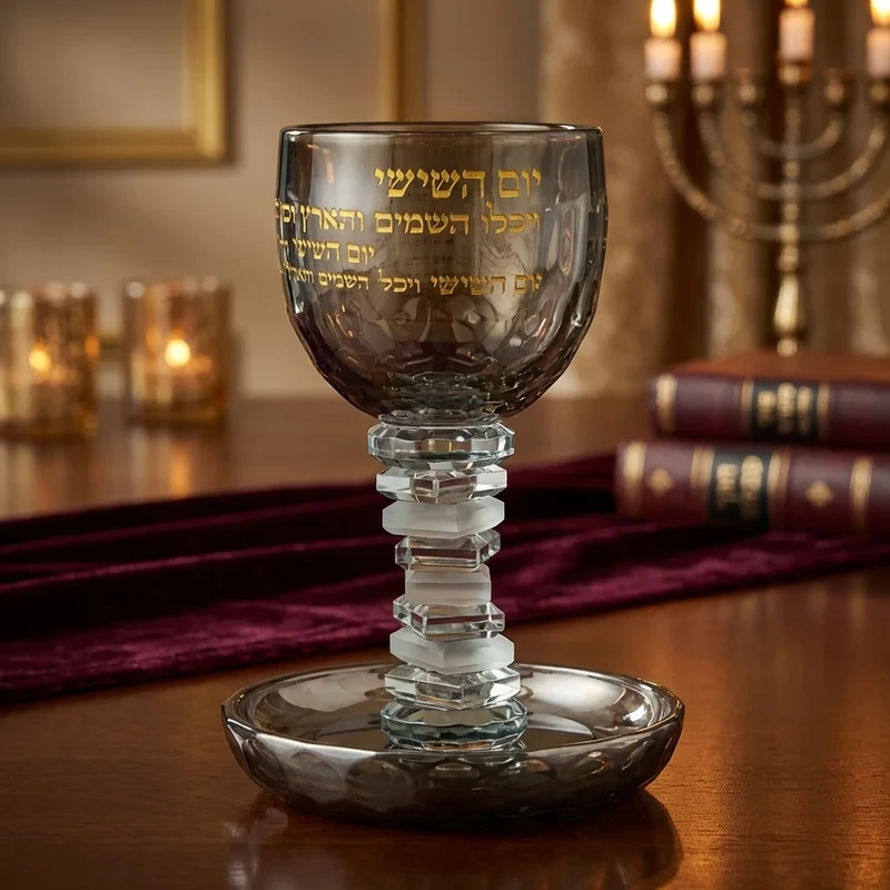 גביע קידוש מקריסטל בגוון שחור עם נוסח הקידוש בזהב וצלחת | 16 ס"מ