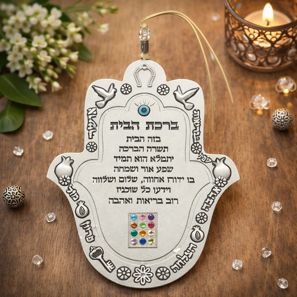 חמסה מתכת עם ברכת הבית בגימור פיוטר | 13 ס״מ
