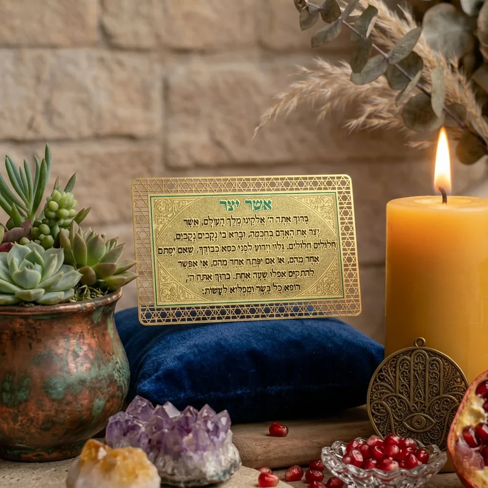 סגולה תלויה מבד ומתכת בגוון זהב עם נוסח אשר יצר בעדת המזרח | 6 ס״מ
