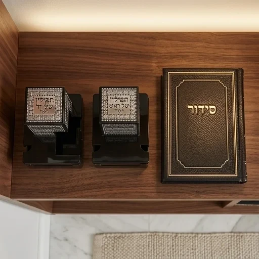 זוג בתי תפילין פלסטיק שחור עם פלקטה כסופה | 32 ס״מ