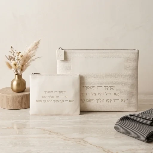 סט קטיפה לבן לטלית ותפילין עם כיפה בעיטור ״יברכך״ | 29 ס״מ