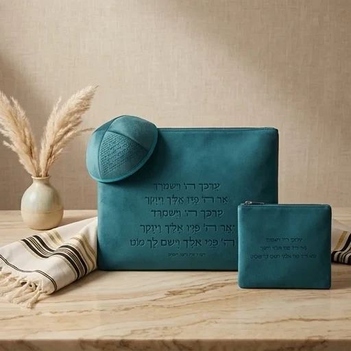 סט טלית תפילין וכיפה מקטיפה ירוקה עם ת לייזר ״יברכך״ | 29 ס״מ
