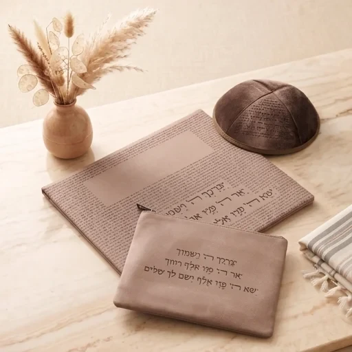 סט תיק לטלית ותפילין מקטיפה בצבע חום עם כיפה תואמת | 29 ס״מ