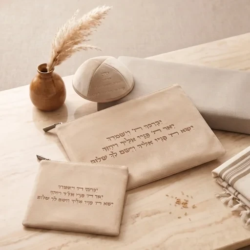סט שקיות טלית ותפילין מקטיפה חומה עם כיפה תואמת | 29 ס״מ