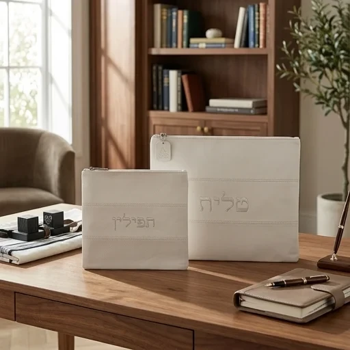 סט טלית ותפילין מדמוי עור לבן עם רקמה | 36 ס״מ