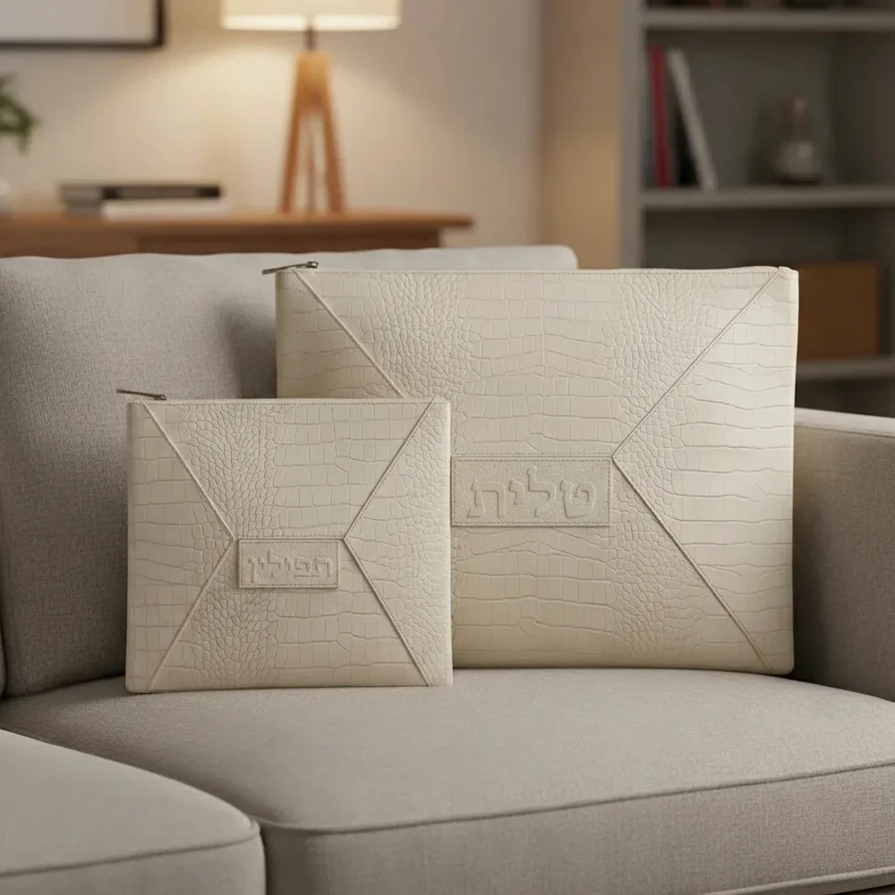 סט טלית ותפילין מדמוי עור לבן | 29 ס״מ