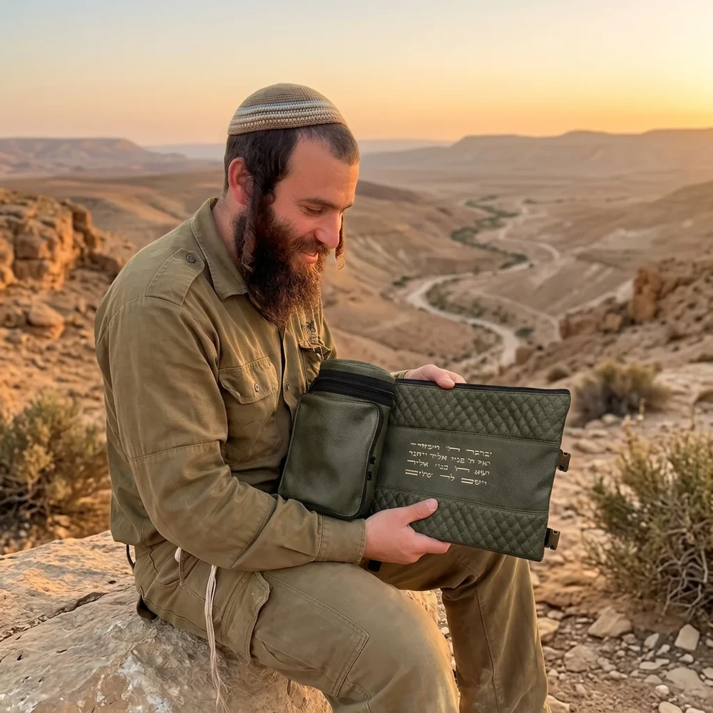 תיק תפ טרמי דמוי עור ירוק עם אותיות בולטות יברכך 22 ס"מ
