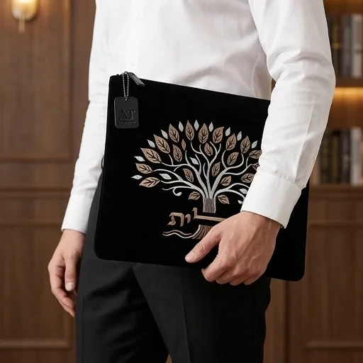 תיק טלית מקטיפה שחורה עם רקמה | 31.7 ס״מ