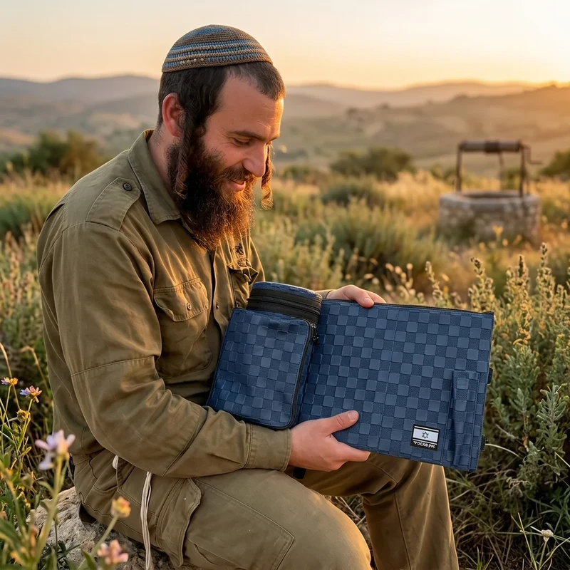 תיק תפ טרמי דמוי עור כחול קוביות 22ס"מ
