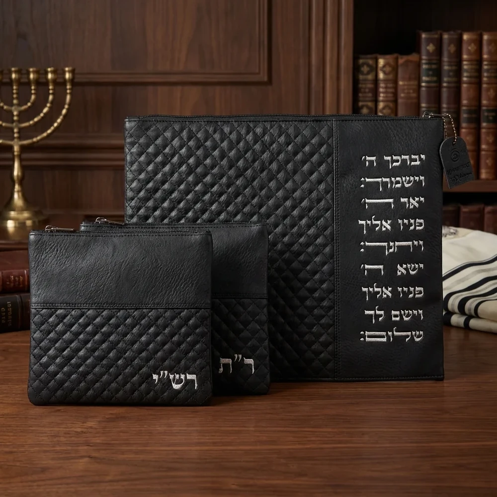סט טלית ותפילין מדמוי עור שחור | 40 ס״מ