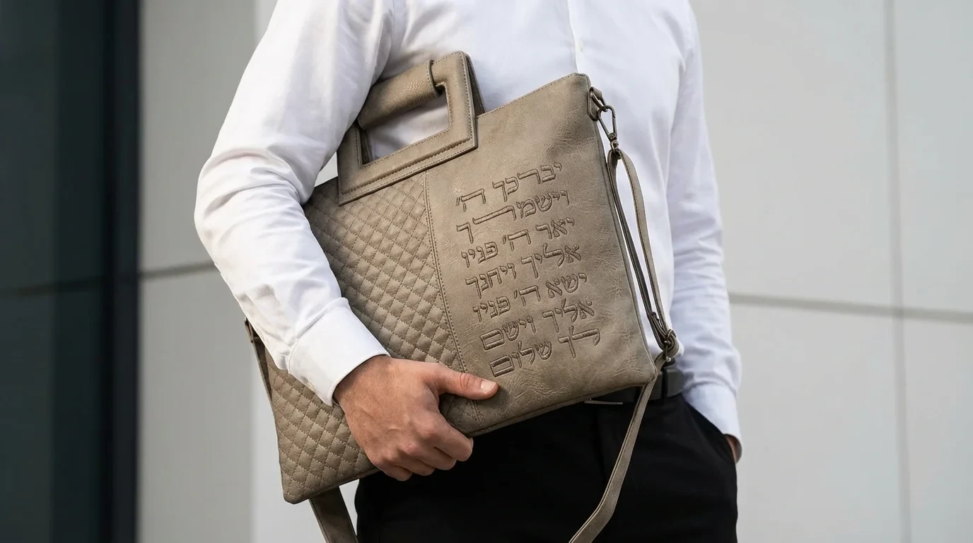 תיק לטלית ותפילין מדמוי עור בצבע בז׳ עם כתובית יברכך | 38 ס״מ