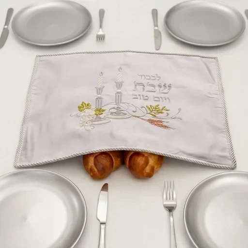 כיסוי חלה סאטן לבן עם ריקמה | 52 ס״מ