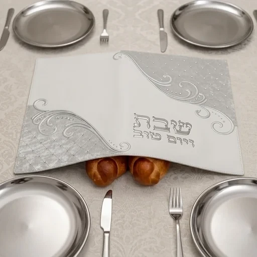 כיסוי חלה דמוי עור לבן עם ריקמה ואותיות בולטות | 52 ס״מ