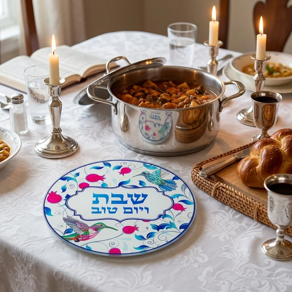 תחתית לסיר זכוכית עגולה עם כיתוב שבת ויום טוב וציפורים | 19 ס״מ