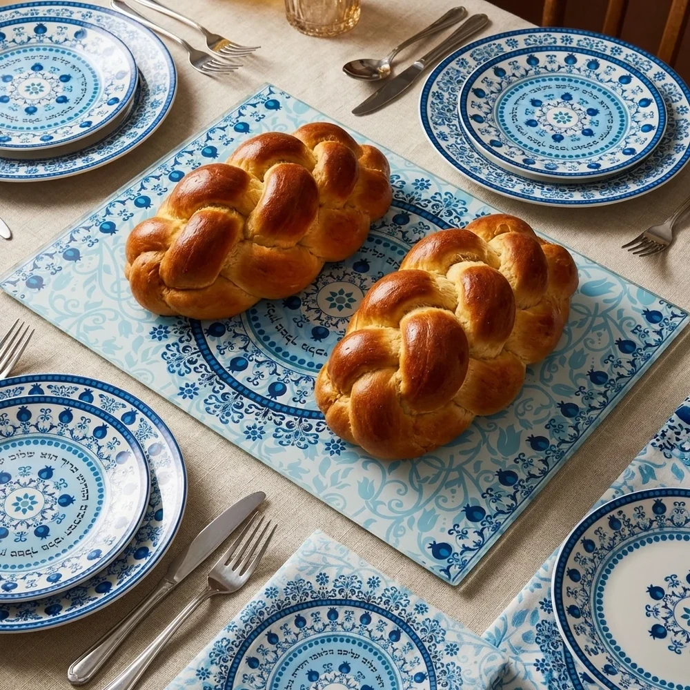 מגש חלה זכוכית עבה בגווני כחול-תכלת עם כיתוב עברי | 25 ס״מ