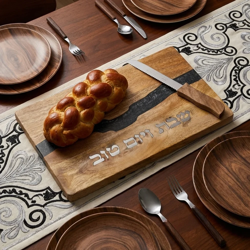 מגש חלה מעץ עם אפוקסי אפור וסכין | 41 ס״מ
