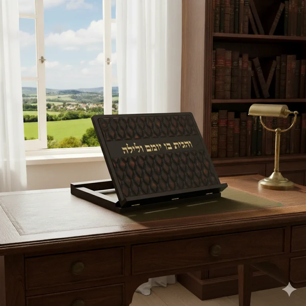שטנדר עץ עם פלקטה דמוי עור ואותיות בולטות | 38 ס״מ