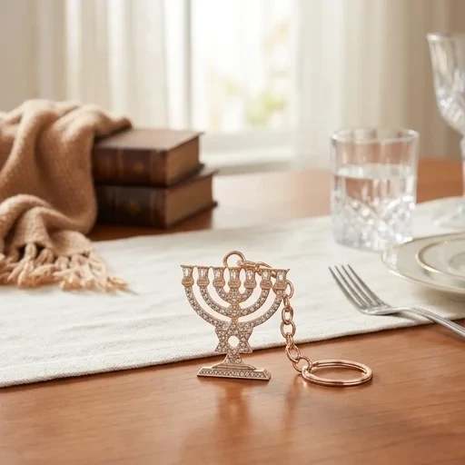 מחזיק מפתחות מתכת זהב בצורת מנורה עם מגן דוד משובץ | 4 ס״מ