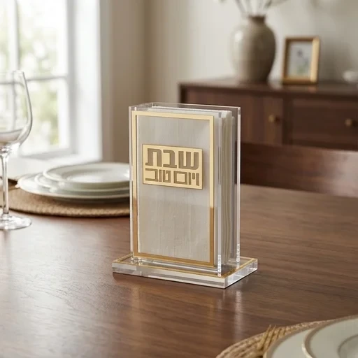 מחזיק גפרורים מאקריליק בגוון זהב עם פלקטה ״שבת ויום טוב״