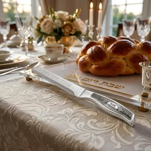 סכין נירוסטה כסף עם פלקטה “שבת ויום טוב” | 32 ס״מ