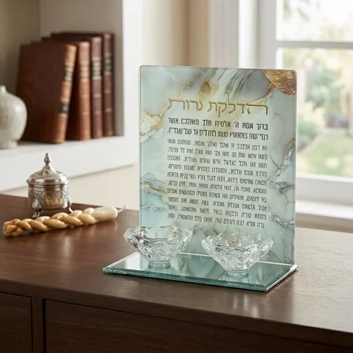 פמוטי זכוכית צבעוניים בעיצוב שיש עם כיתוב הדלקת נרות | 18.5 ס״מ