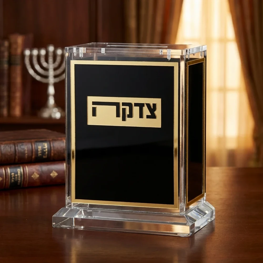 קופת צדקה אקריליק שחור עם דגש זהוב | 13 ס״מ