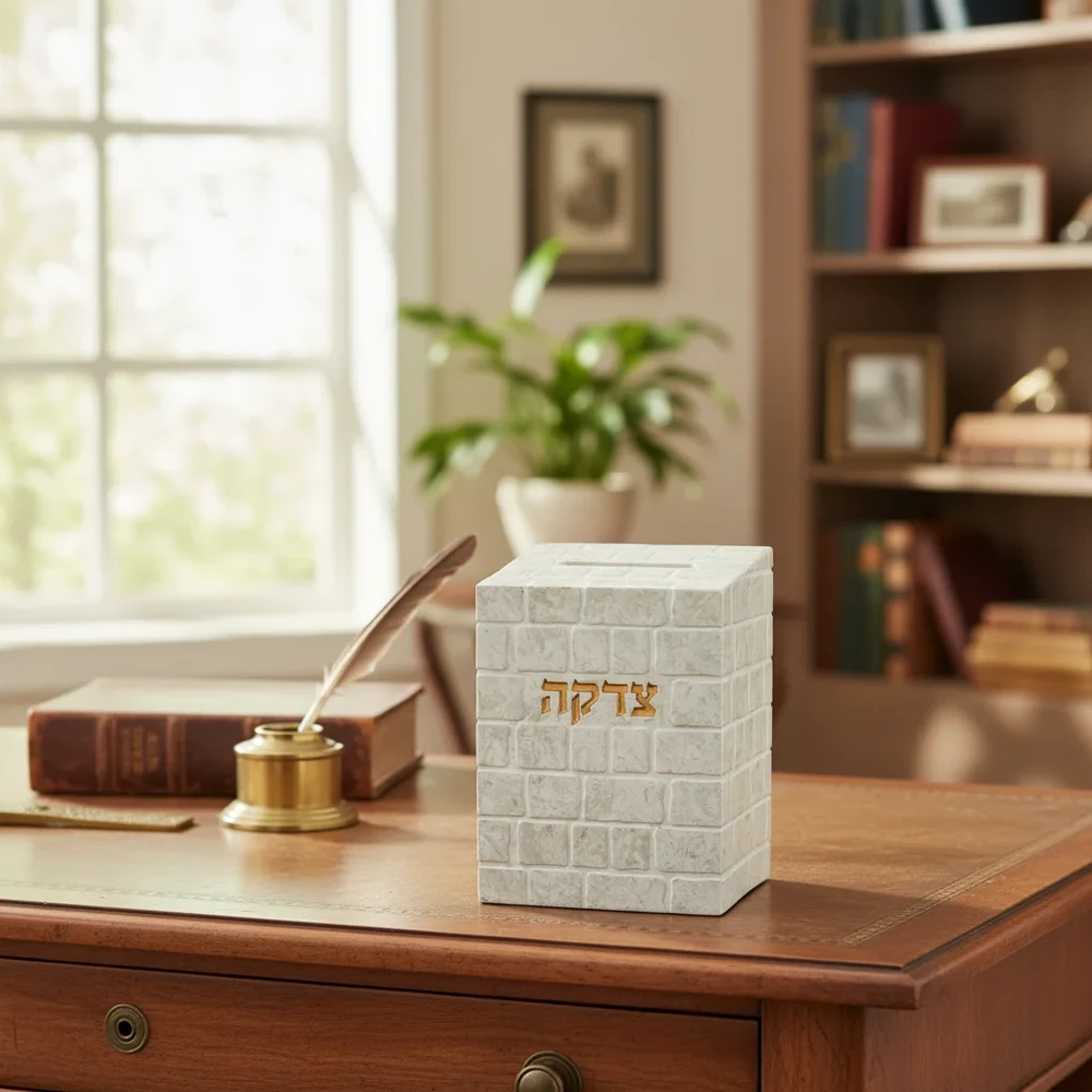 קופת צדקה פולימר לבן בעיטור כותל | 13 ס״מ