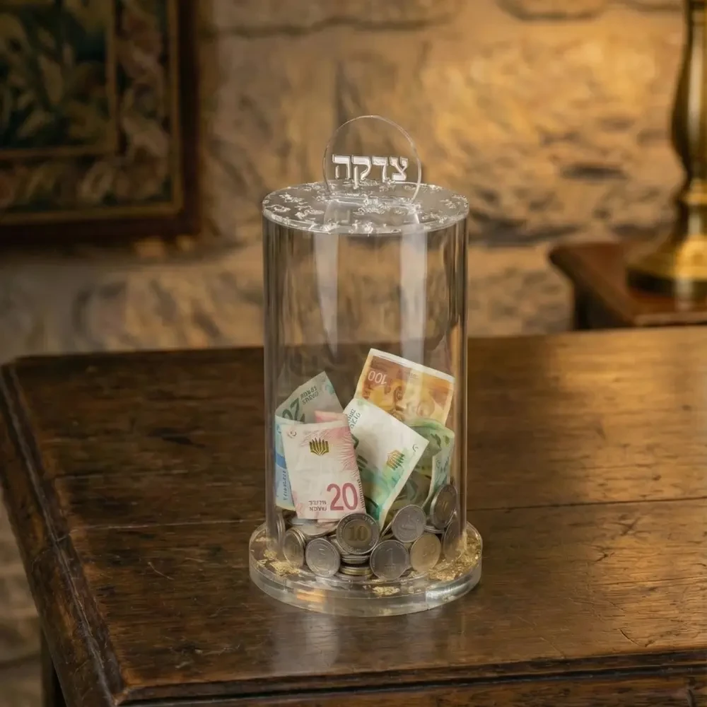 קופת צדקה מאקריליק בגוון כסף עם נצנוץ עדין | 10 ס״מ