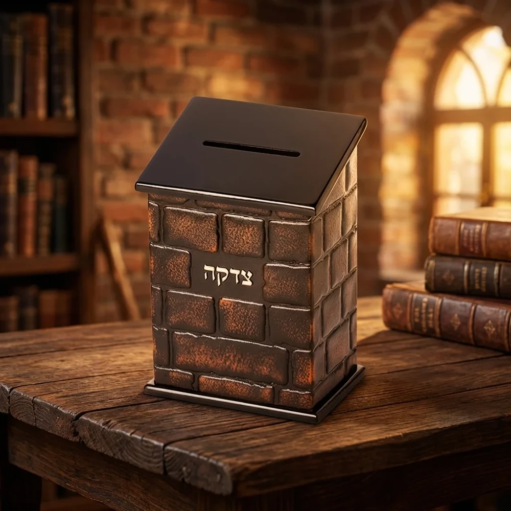 קופת צדקה מעץ בצבע טבעי עם פלקטה עור דגם כותל | 18 ס״מ
