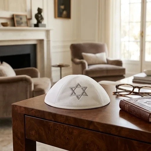 כיפה מקטיפה לבנה עם ריקמת מגן דוד | 19 ס״מ