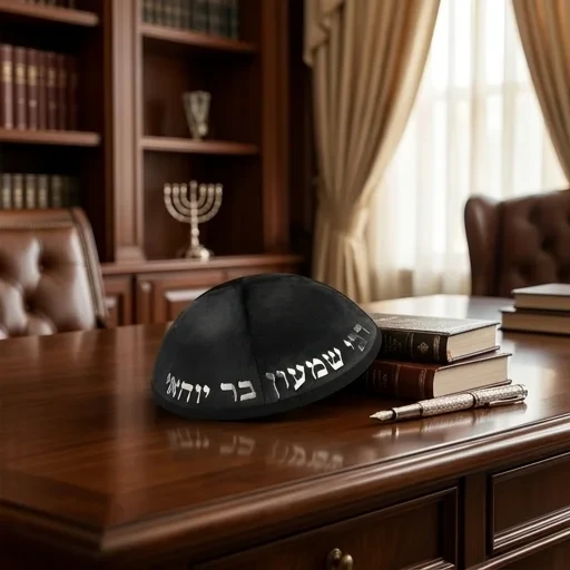 כיפה מקטיפה שחורה עם אותיות בולטות רבי שמעון | 20 ס״מ