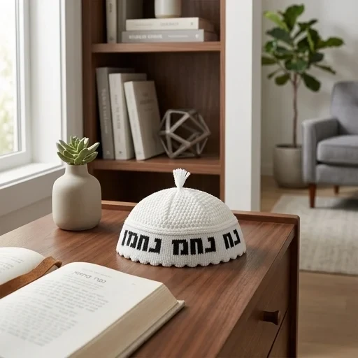 כיפה בד לבנה עם כיתוב נחמן מאומן | 22 ס״מ