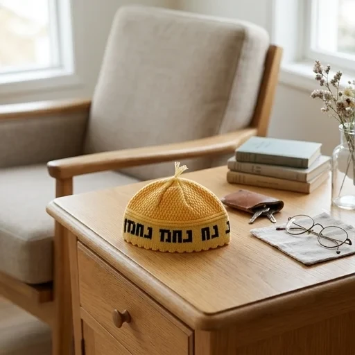 כיפה בד צהובה עם כיתוב “נחמן מאומן” | 24 ס״מ