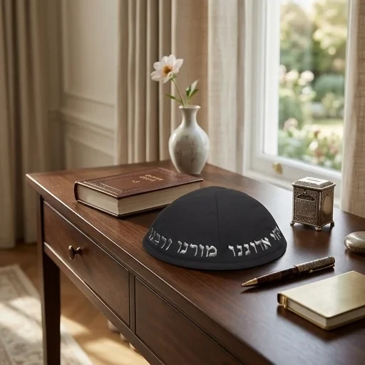 כיפה טרילין בד שחור עם רקמת ׳יחי אדוננו׳ | 19 ס״מ