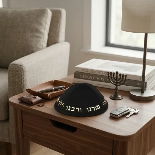 כיפה בד שחורה עם אותיות זהב בולטות ״יחי אדוננו״ | 19 ס״מ