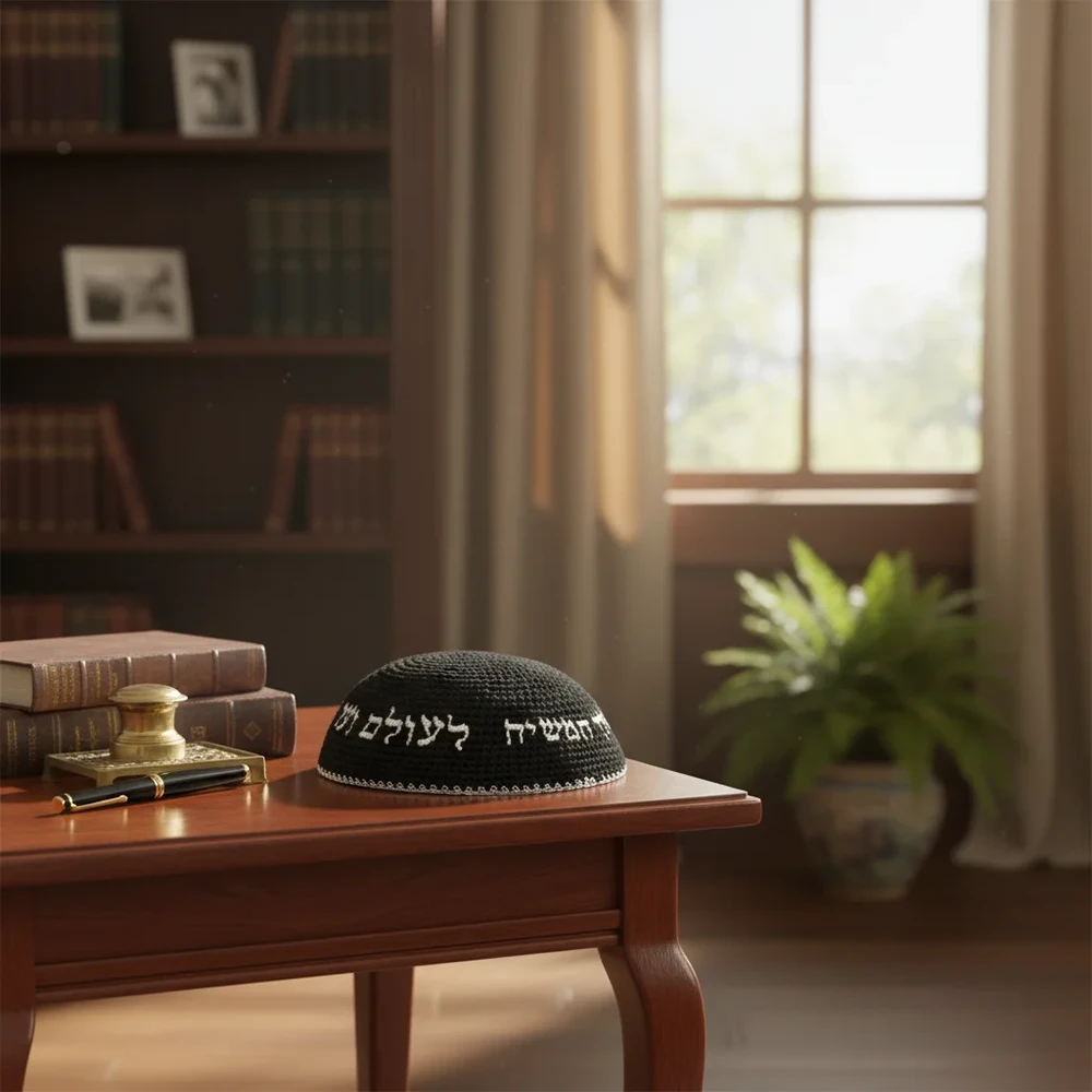 כיפה סרוגה שחורה עם ריקמה ׳יחי אדוננו׳ בצבע כסף | 16 ס״מ