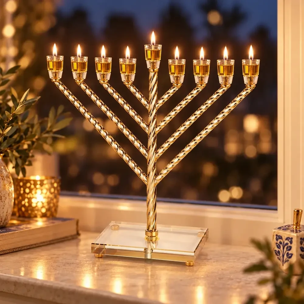 חנוכייה ״אור הזהב״ מתכת זהב עם קנים ובסיס קריסטל | 32 ס״מ