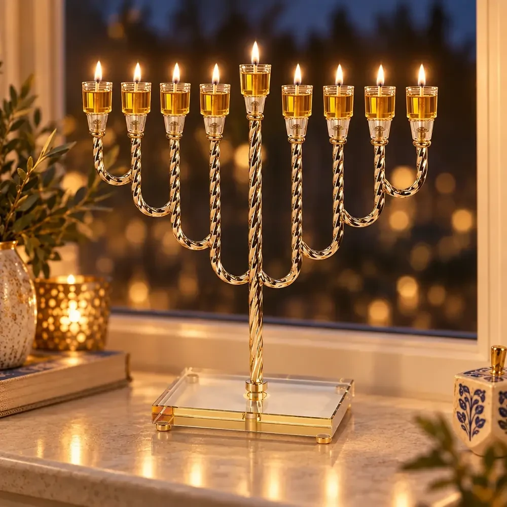 חנוכייה ״אור הזהב״ מתכת זהב עם קנים ובסיס קריסטל | 32 ס״מ