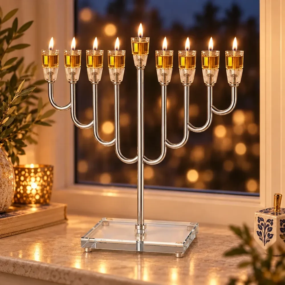 חנוכייה ״אור הזהב״ מתכת כסף עם קנים ובסיס קריסטל | 32 ס״מ