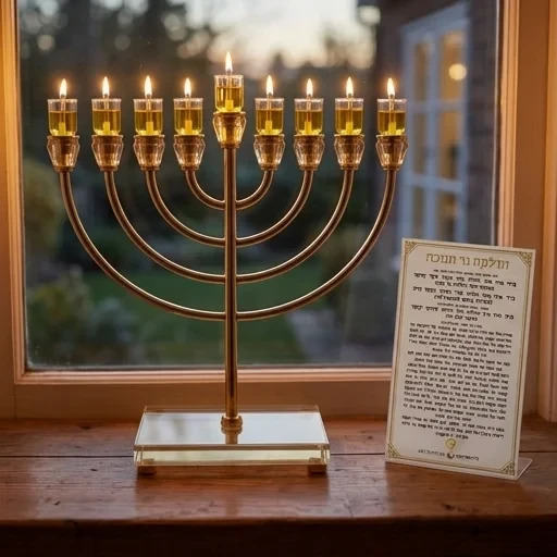 חנוכייה מתכת זהב עם ״אור הזהב״ קנים עם בסיס | 32 ס״מ
