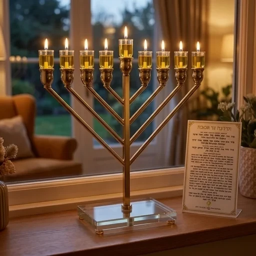 חנוכייה ״אור הזהב״ מתכת זהב עם קנים ובסיס קריסטל | 32 ס״מ